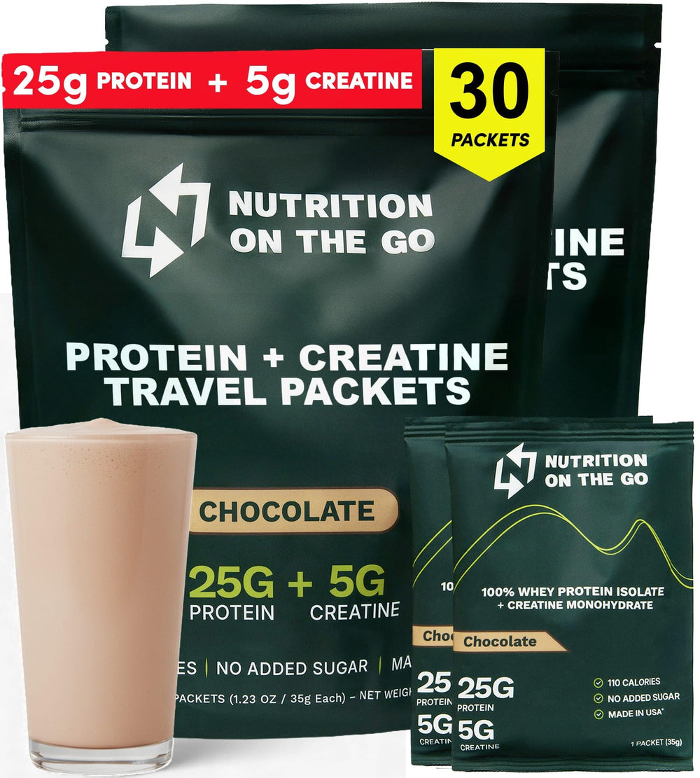 Nutrition On The Go Whey Isolate chocolate single-serve packet for travel-friendly protein.