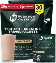 Nutrition On The Go Whey Isolate chocolate single-serve packet for travel-friendly protein.