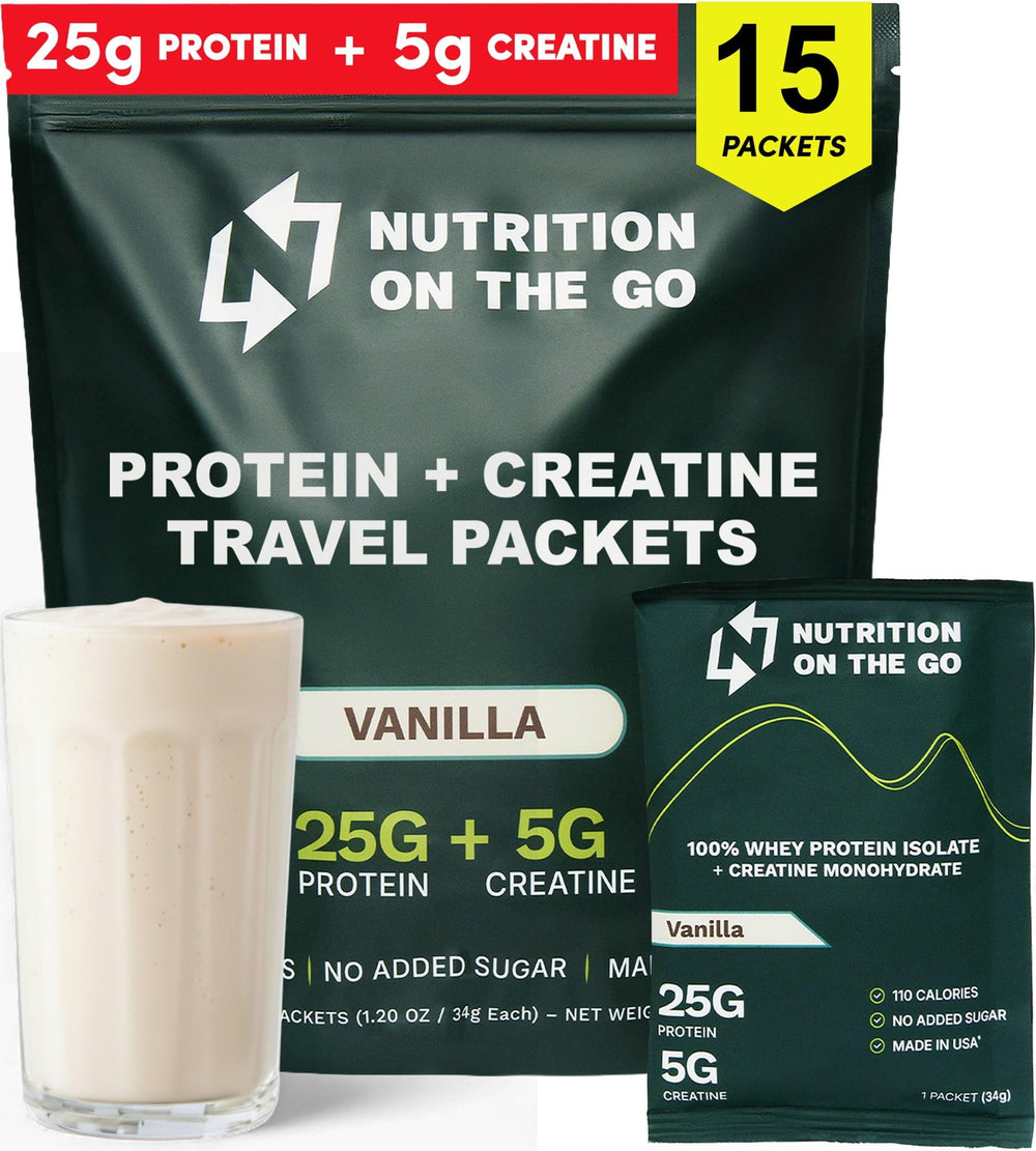 Nutrition On The Go vanilla whey isolate packet for travel, convenient post-workout fueling