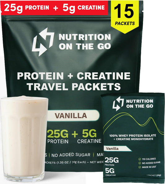 Nutrition On The Go vanilla whey isolate packet for travel, convenient post-workout fueling
