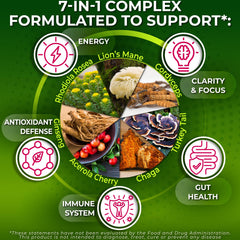 Nutrition Restore Organic Mushroom Complex Acerola cherry blend visual suggests natural vitamin C support.