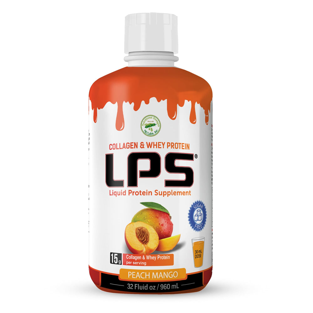 Nutritional Designs LPS bottle front showing Peach Mango flavor, protein for daily fueling