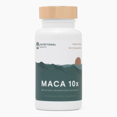 Nutritional Roots Maca 10x bottle shows organic Peruvian maca for daily energy support.