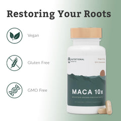 Nutritional Roots Maca 10x origin from the Andes emphasizes authenticity.