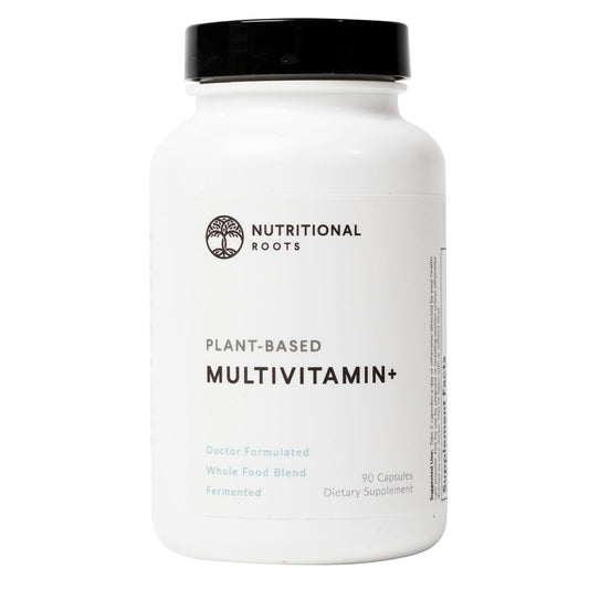 Nutritional Roots Multivitamin+ bottle front for daily vegan nourishment