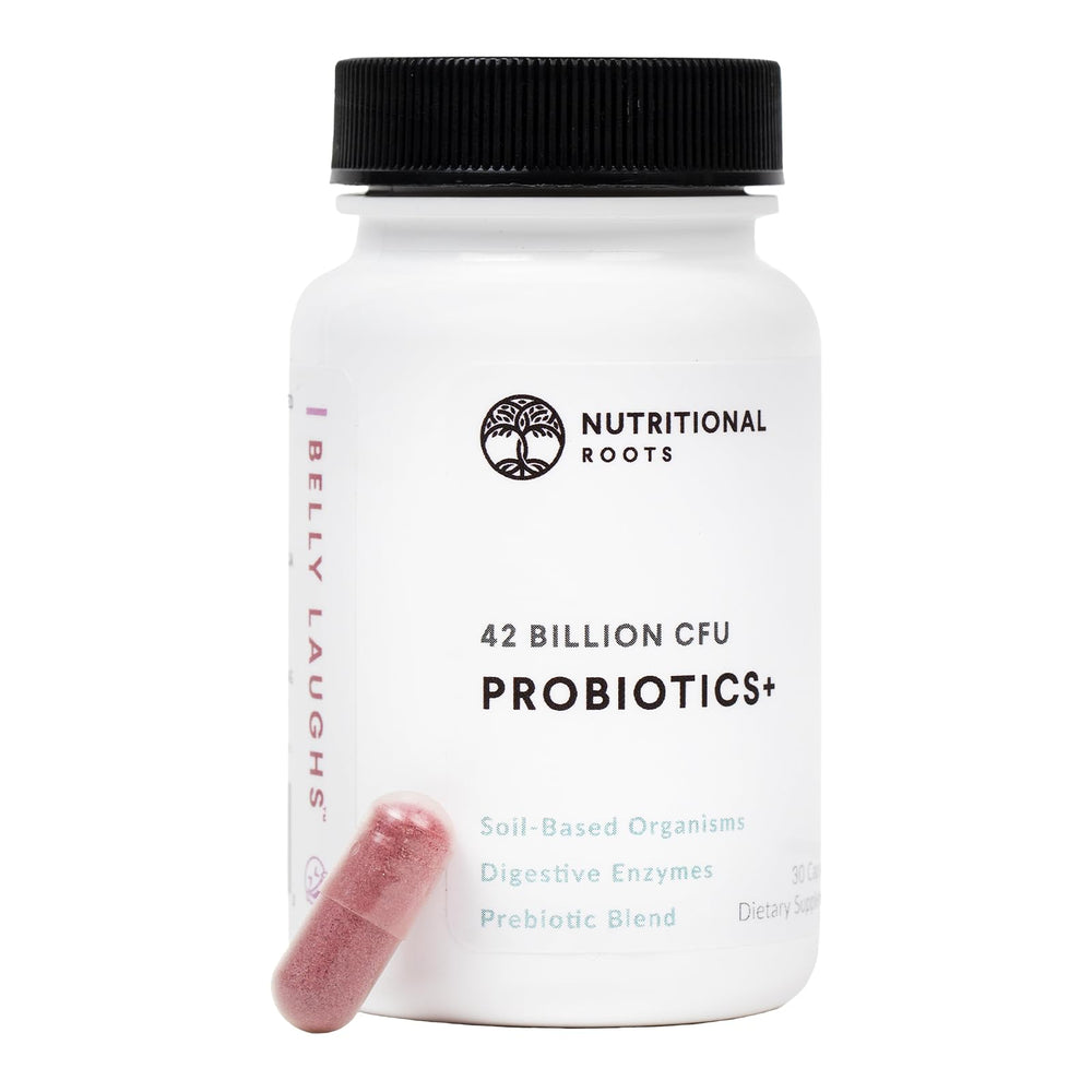 Nutritional Roots Probiotics Synbiotic bottle illustrating shelf-stable digestion support