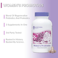 Nutritional Roots Women's Probiotics bottle back notes on probiotic strains and organic prebiotic blend.