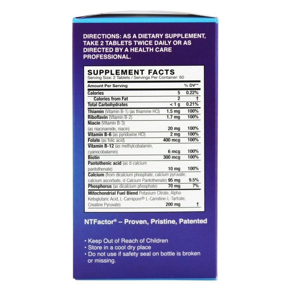 NT Factor Healthy Aging tablets close-up highlighting branding and energy-supporting properties