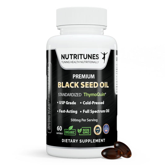 Nutritunes black seed oil bottle showing organic, full-spectrum nutrition for daily wellness