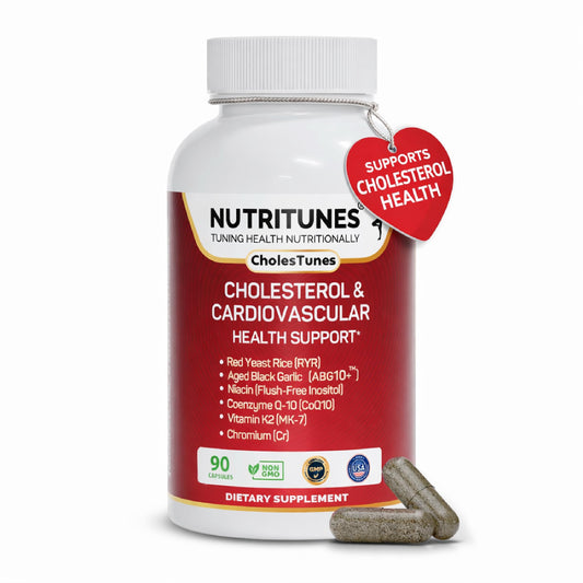Nutritunes Cholesterol Support bottle and capsules ready for daily use for heart health.