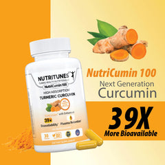 Nutritunes curcumin capsule closeup highlights vegan, non-GMO formula and high potency.