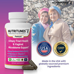 Nutritunes Femuni UTH packaging indicating USA-made GMP quality