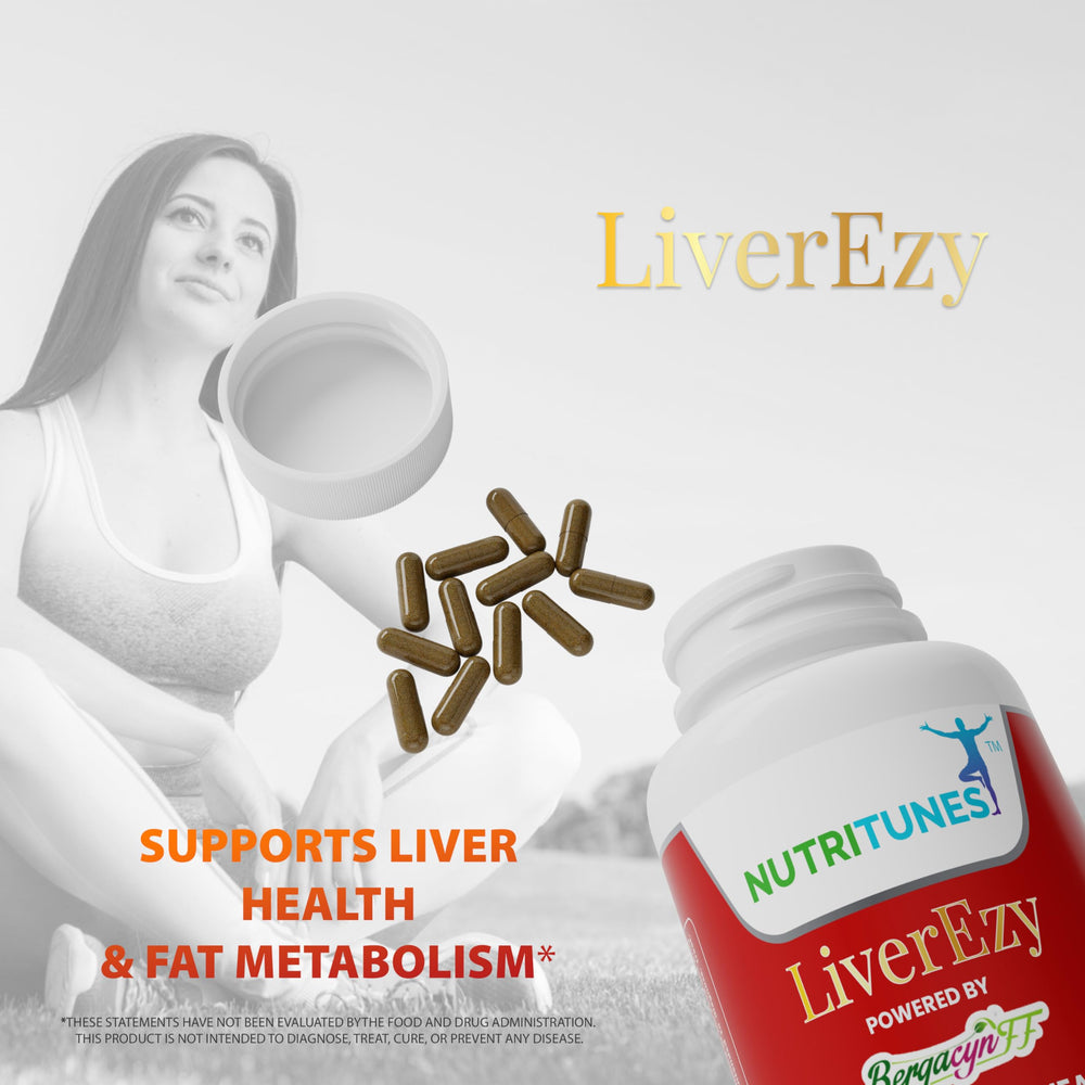 Nutritunes LiverEzy capsules close-up, vegan formula for convenient daily liver support.