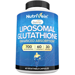 Nutrivein liposomal glutathione bottle showing 700 mg dosage for daily antioxidant support
