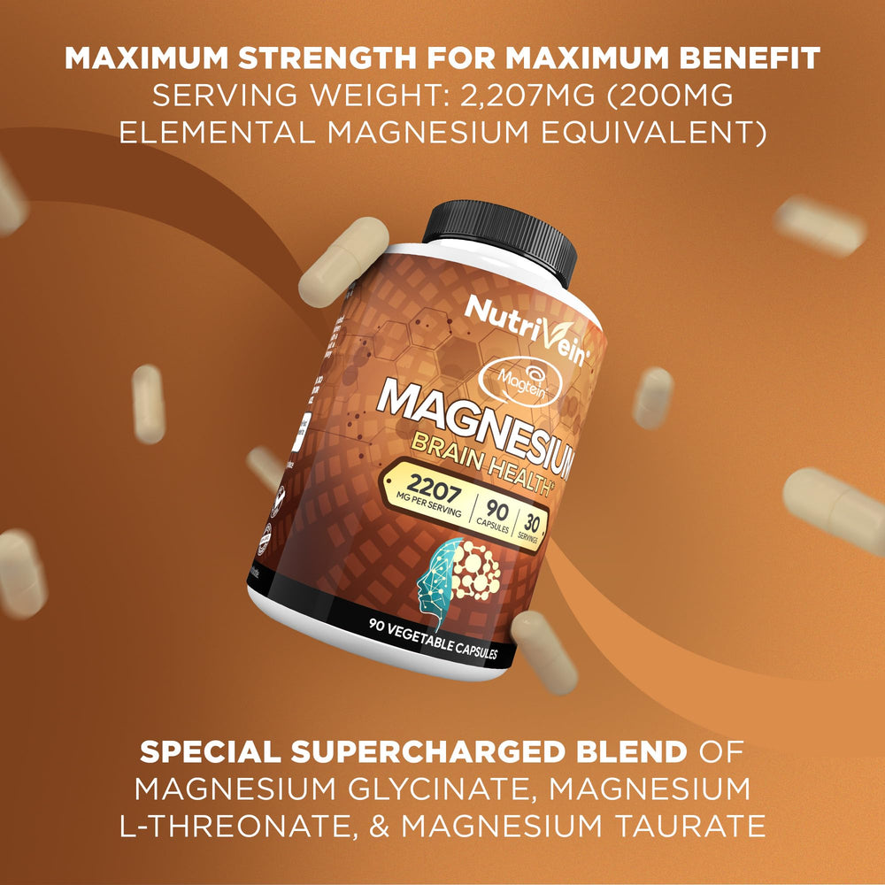 Nutrivein Magtein capsules closeup of easy-to-swallow magnesium pills.