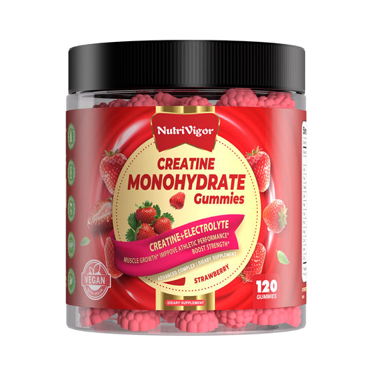 NutriVigor Creatine Gummies bottle front showing convenient energy support for workouts.
