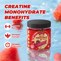 NutriVigor Creatine Gummies closeup reveals chewy texture and strawberry flavor.