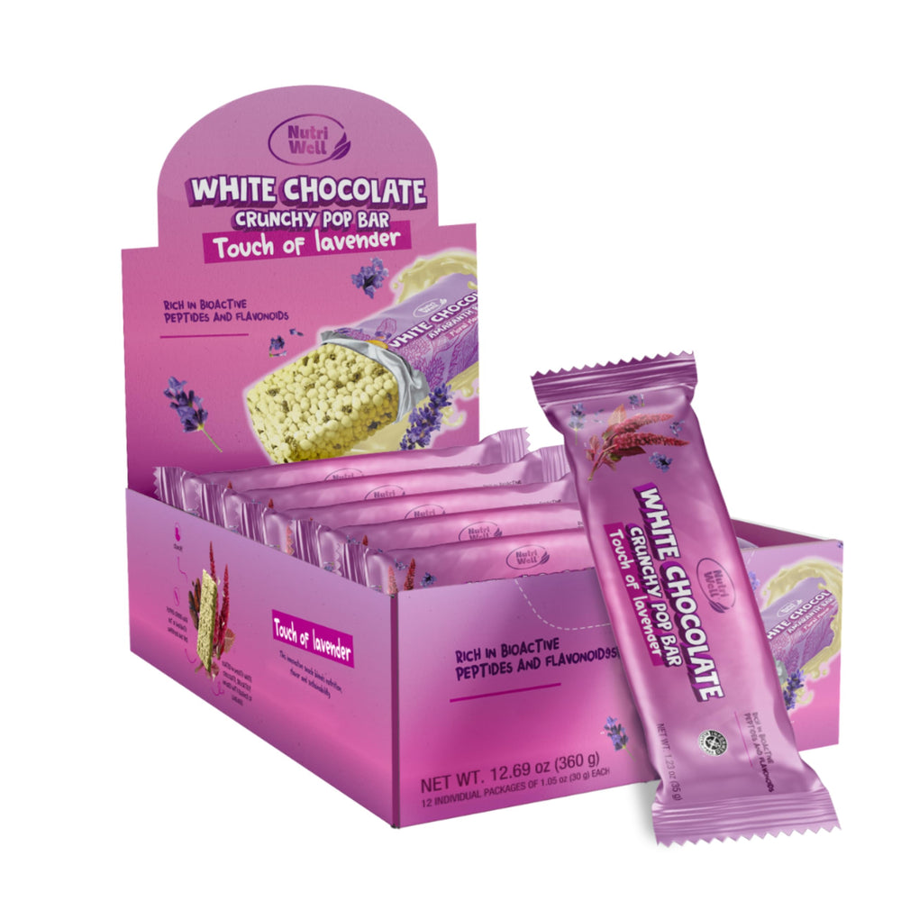 Nutriwell white chocolate amaranth crunch bar packaging shows premium snacking option.