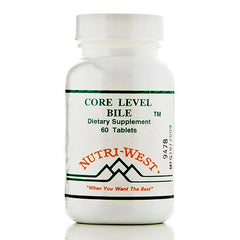 Nutri-West Core Level Bile bottle close-up, supports digestion when taken with meals.