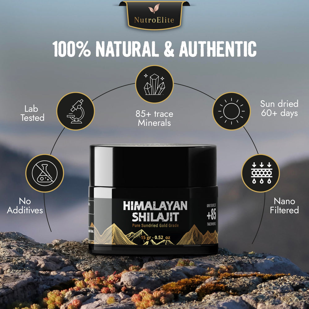 NutroElite Shilajit resin close-up highlighting mineral richness for energy