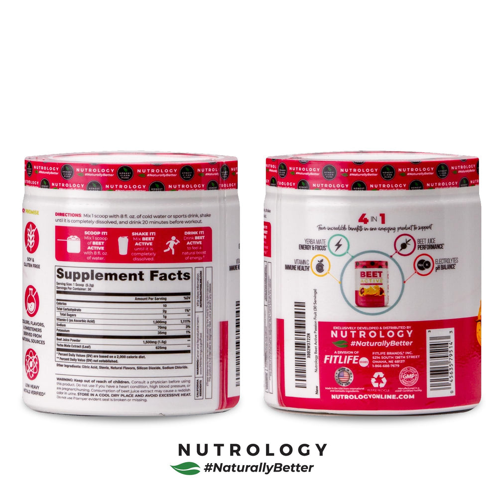 Nutrology Beet Active beet root powder close-up highlighting natural ingredients.