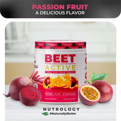 Nutrology Beet Active passion fruit flavor shake ready to sip before workouts.