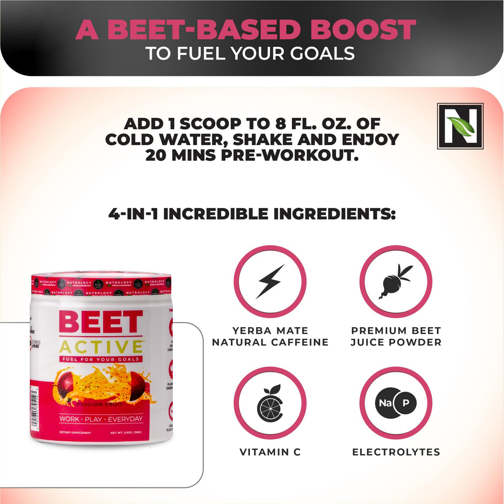 Nutrology Beet Active yerba mate caffeine boost for steady energy during workouts.