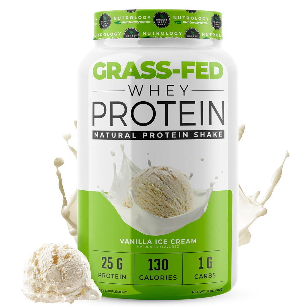 Nutrology grass-fed whey bottle showing clean cold-processing for lean muscle support