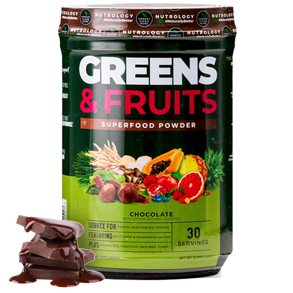 Nutrology Greens & Fruits Powder chocolate bottle for everyday nutrition.
