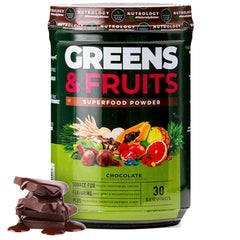 Nutrology Greens & Fruits Powder chocolate bottle for everyday nutrition.