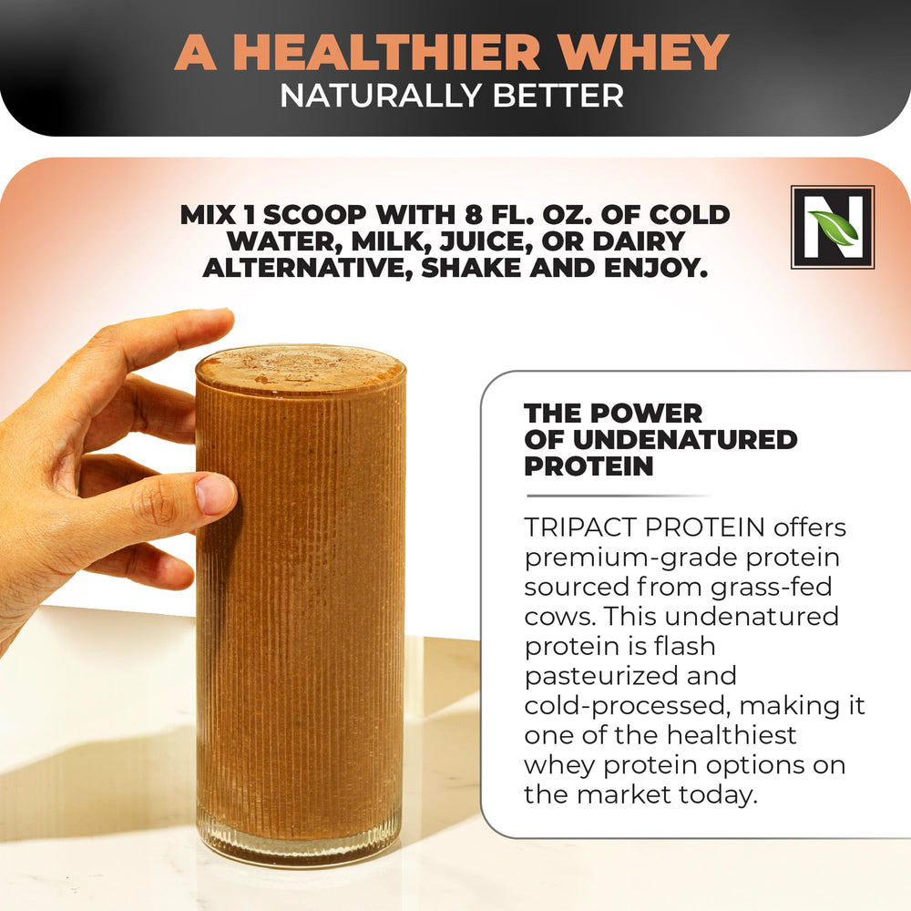Nutrology TRIPACT shake poured into a glass showing a creamy, rich texture