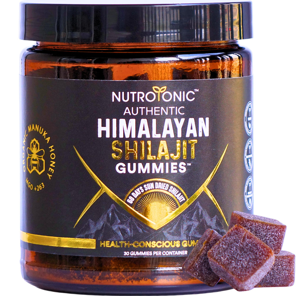 NutroTonic Shilajit Gummies peach-vanilla bottle for convenient daily wellness