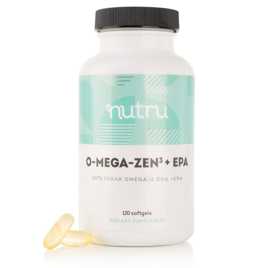 Nutru O-Mega-Zen3 bottle front highlighting vegan omega-3 for daily wellness.