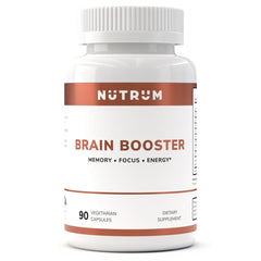 Nutrum Brain Booster bottle front showcases sleek packaging for daily focus