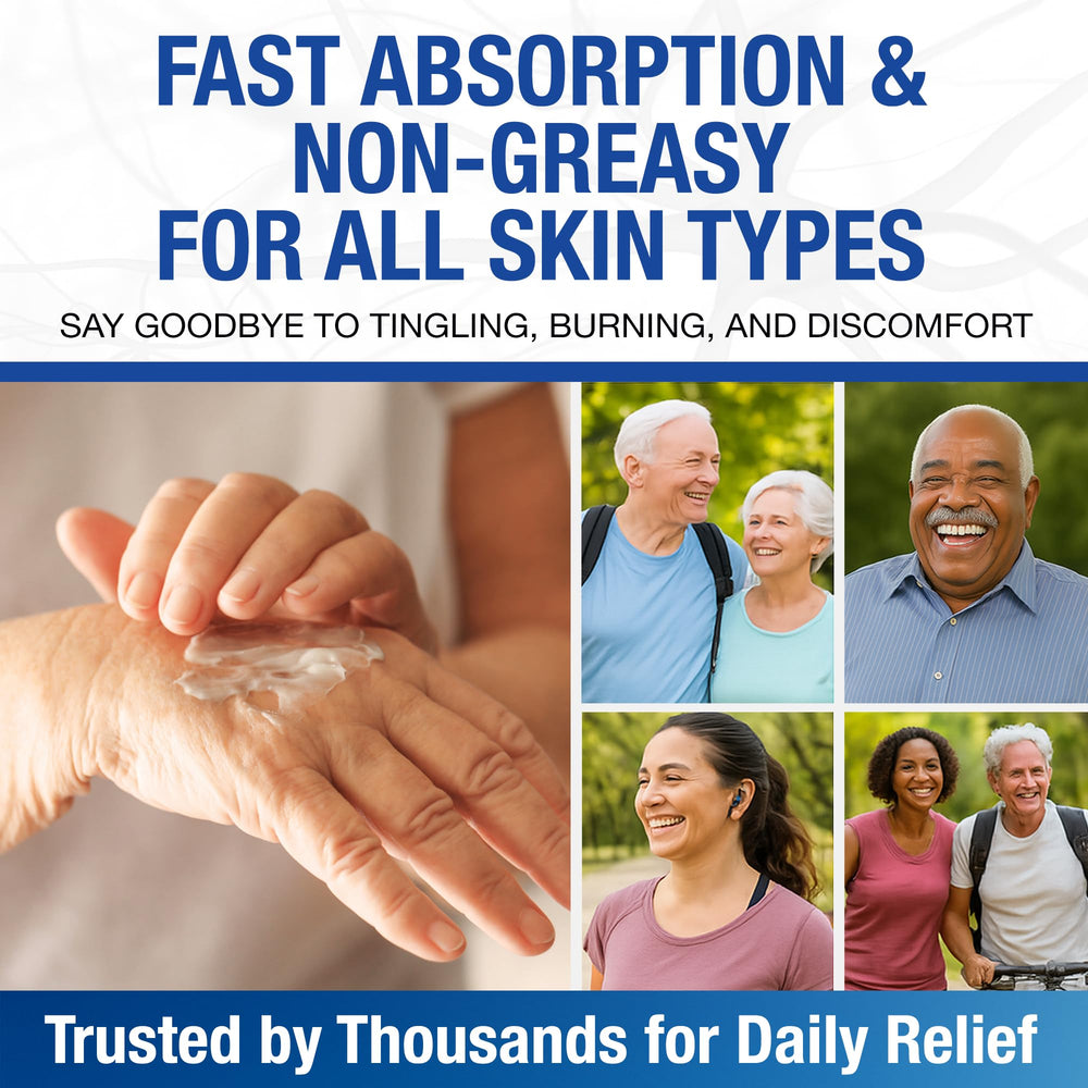 Nuturna Neuropathy Relief Cream applied to feet showing relief for feet and toes.