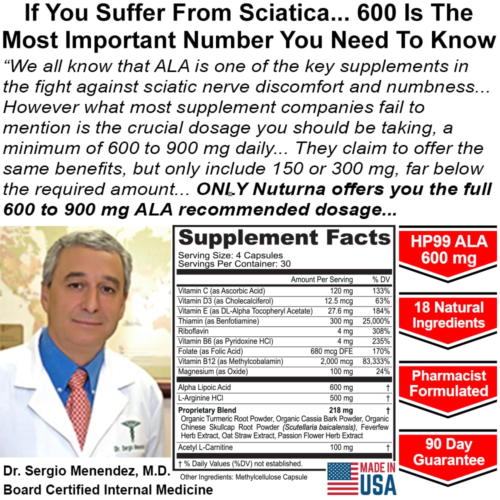 Nuturna Sciatica Nerve Relief ingredients panel closeup notes ALA dosage for potential support.