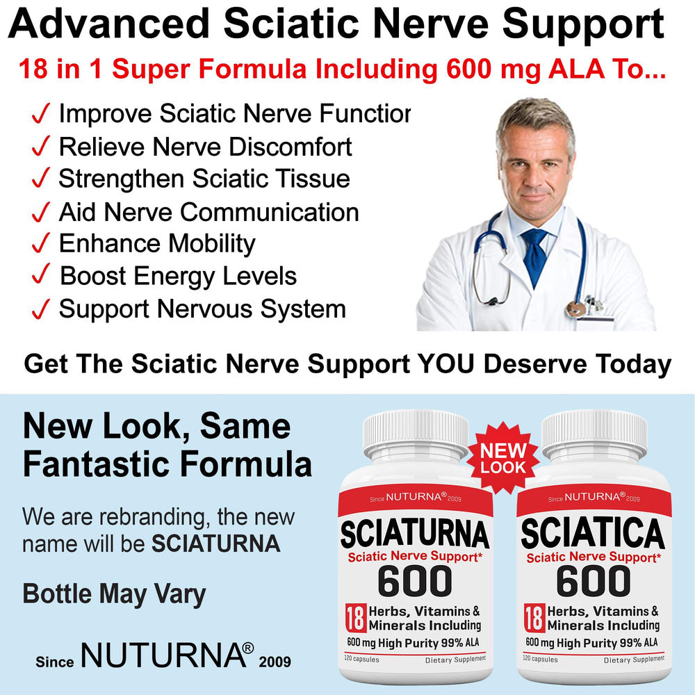 Nuturna Sciatica Nerve Relief packaging with natural imagery conveys wellness and reliability.
