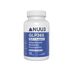 NUU3 GLP365 bottle front view highlighting a clean label for natural fullness support.
