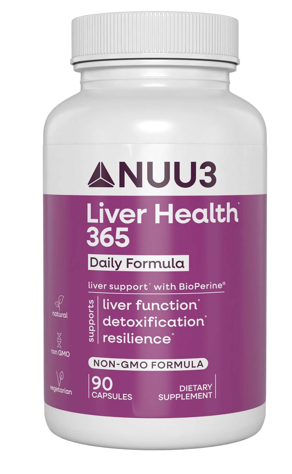 NUU3 Liver Health 365 bottle-front promotes daily detox support in a convenient capsule