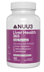 NUU3 Liver Health 365 bottle-front promotes daily detox support in a convenient capsule