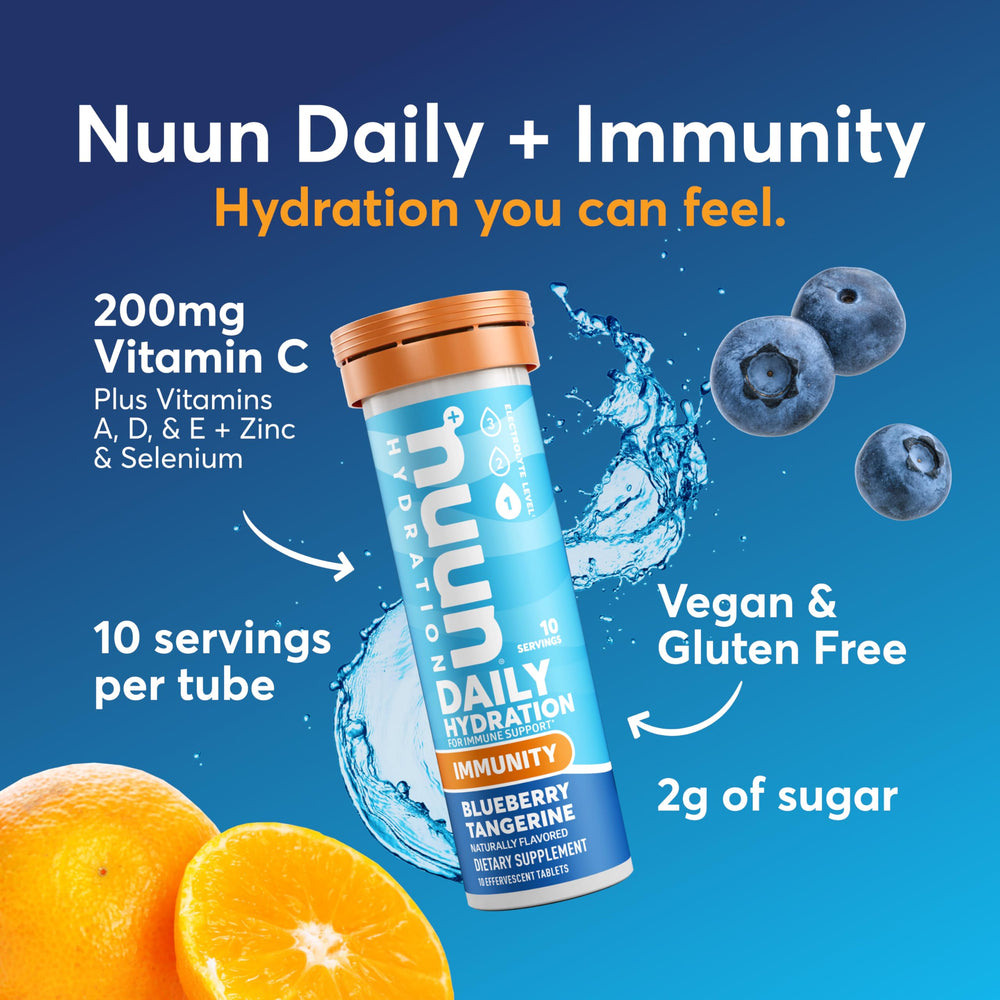 Nuun Immunity Blueberry Tangerine tablets in glass, inviting flavor.