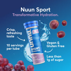 Close up of Nuun Sport grape tubes in packaging for portable hydration