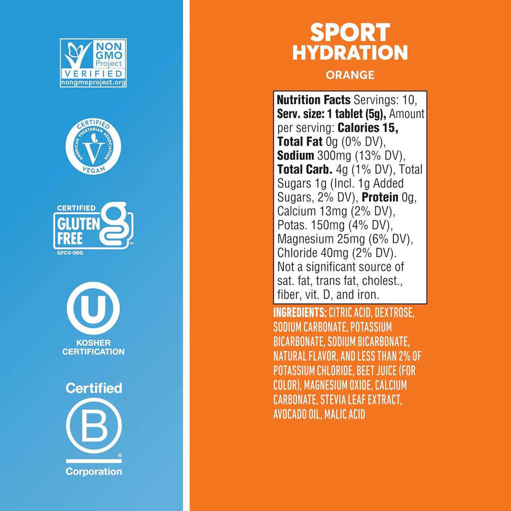 Nuun Sport Orange packaging highlights vegan, gluten-free, non-GMO formulation.
