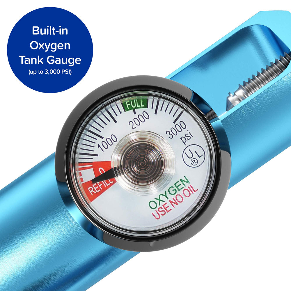 Nuvälsa regulator with flow dial and pressure gauge for easy adjustment.