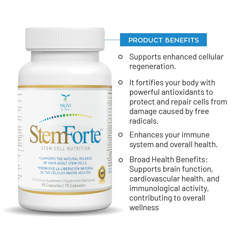 NuVi Global StemForte daily-use setup with capsules and water.
