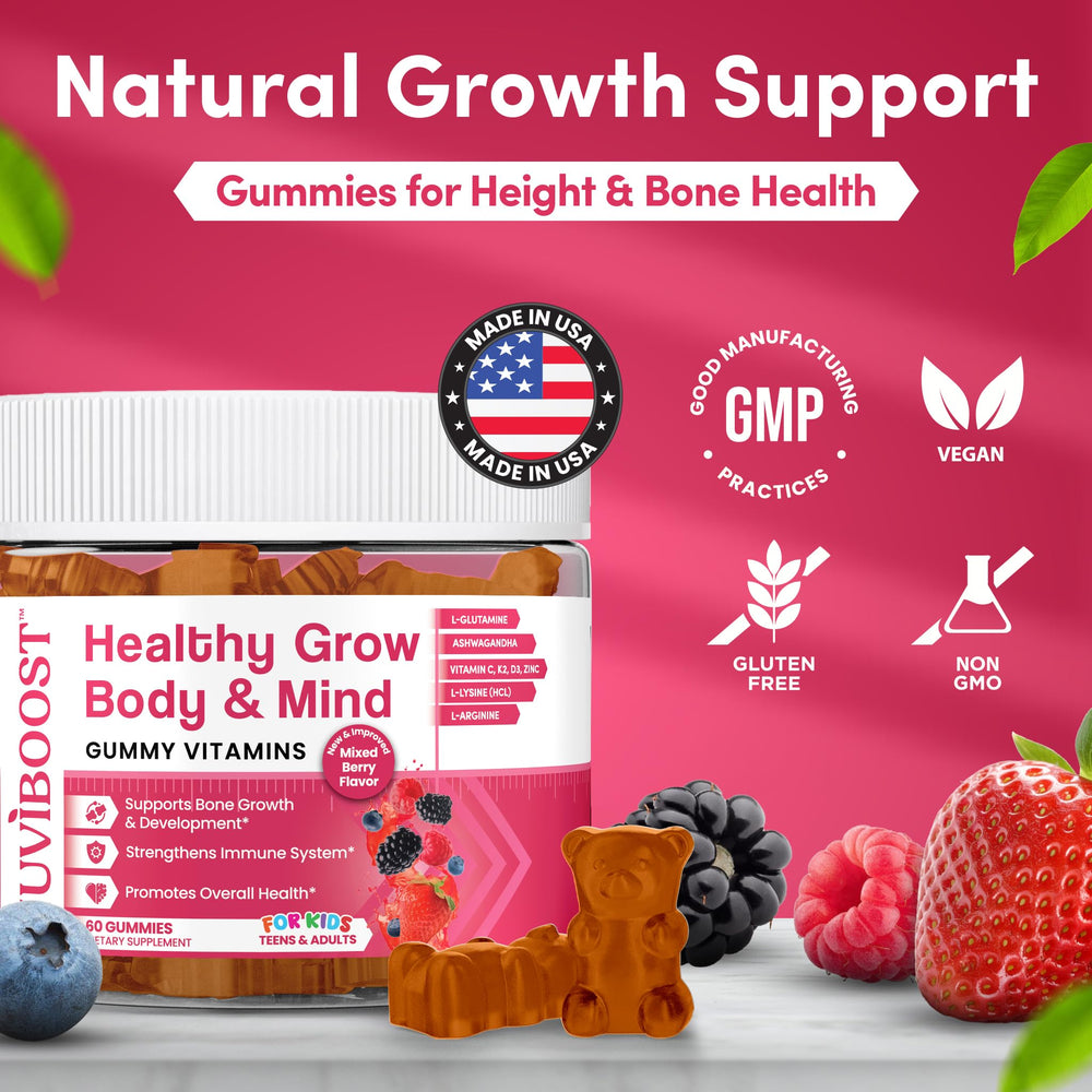 NUVIBOOST Healthy Grow ingredients scene features calcium, vitamins, and amino acids.