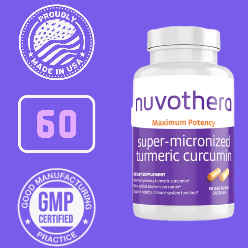 Nuvothera turmeric capsules on white background indicate convenient joint and skin support.