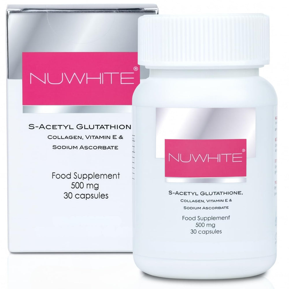 Nuwhite S-Acetyl Glutathione bottle front showcases premium packaging and label.