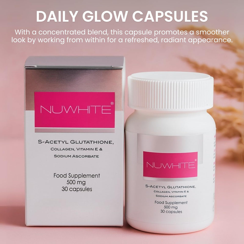 Nuwhite S-Acetyl Glutathione capsules shown for easy daily use in a routine.