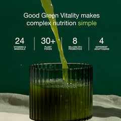 Nuzest Good Green Vitality powder in glass demonstrates mixing into a morning shake